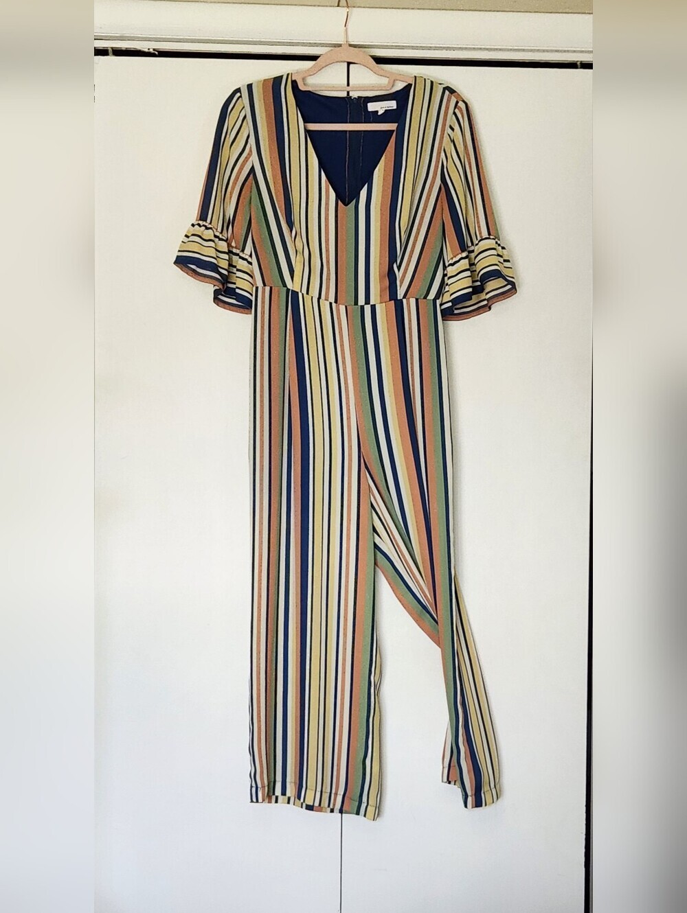 June & Hudson Striped V-Neck Wide-Leg Jumpsuit in Navy, Yellow, Orange & Green